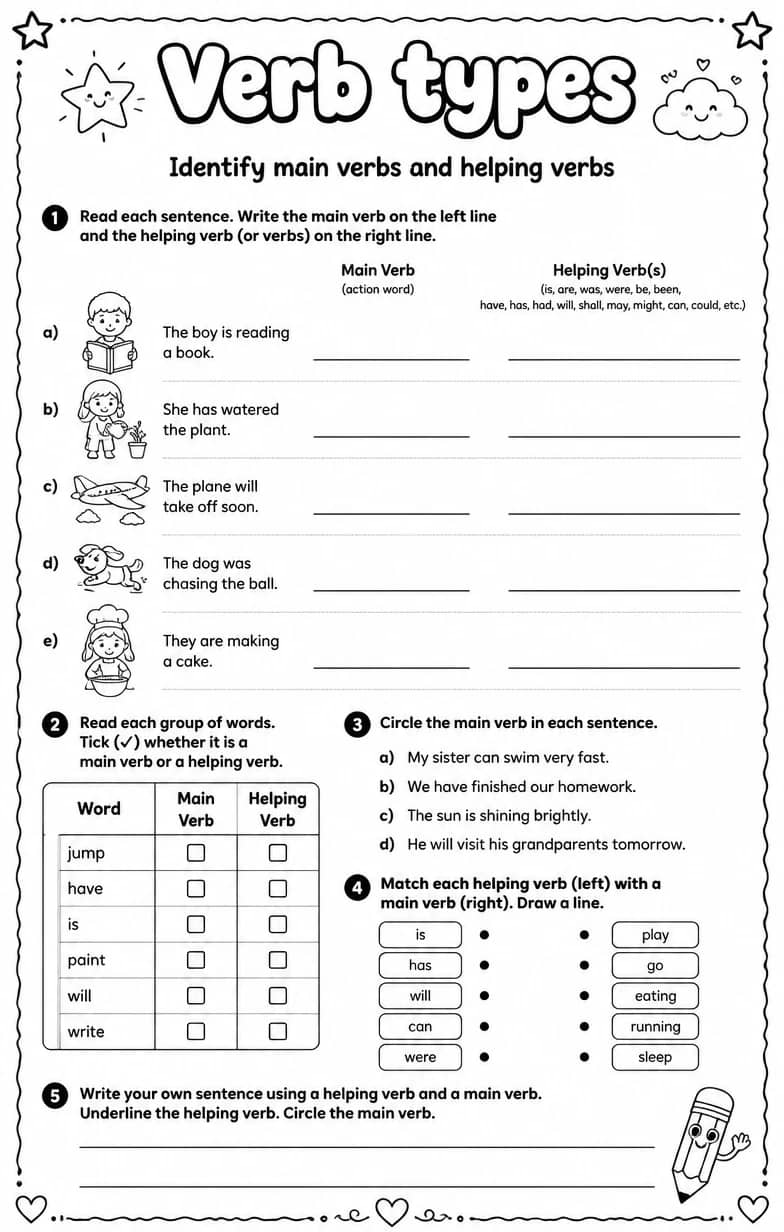 Identify main verbs and helping verbs — free printable Grammar and mechanics English worksheet