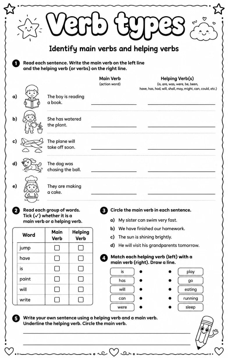 Identify main verbs and helping verbs