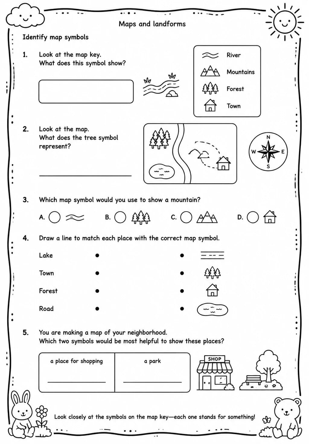 Identify map symbols — free printable Grade 4 Science worksheet