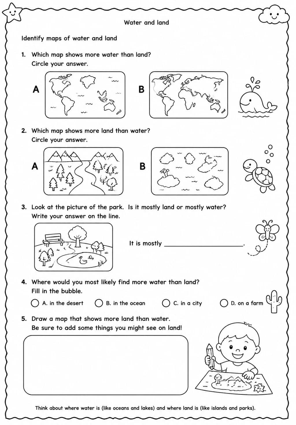 Identify maps of water and land — free printable Grade 2 Science worksheet