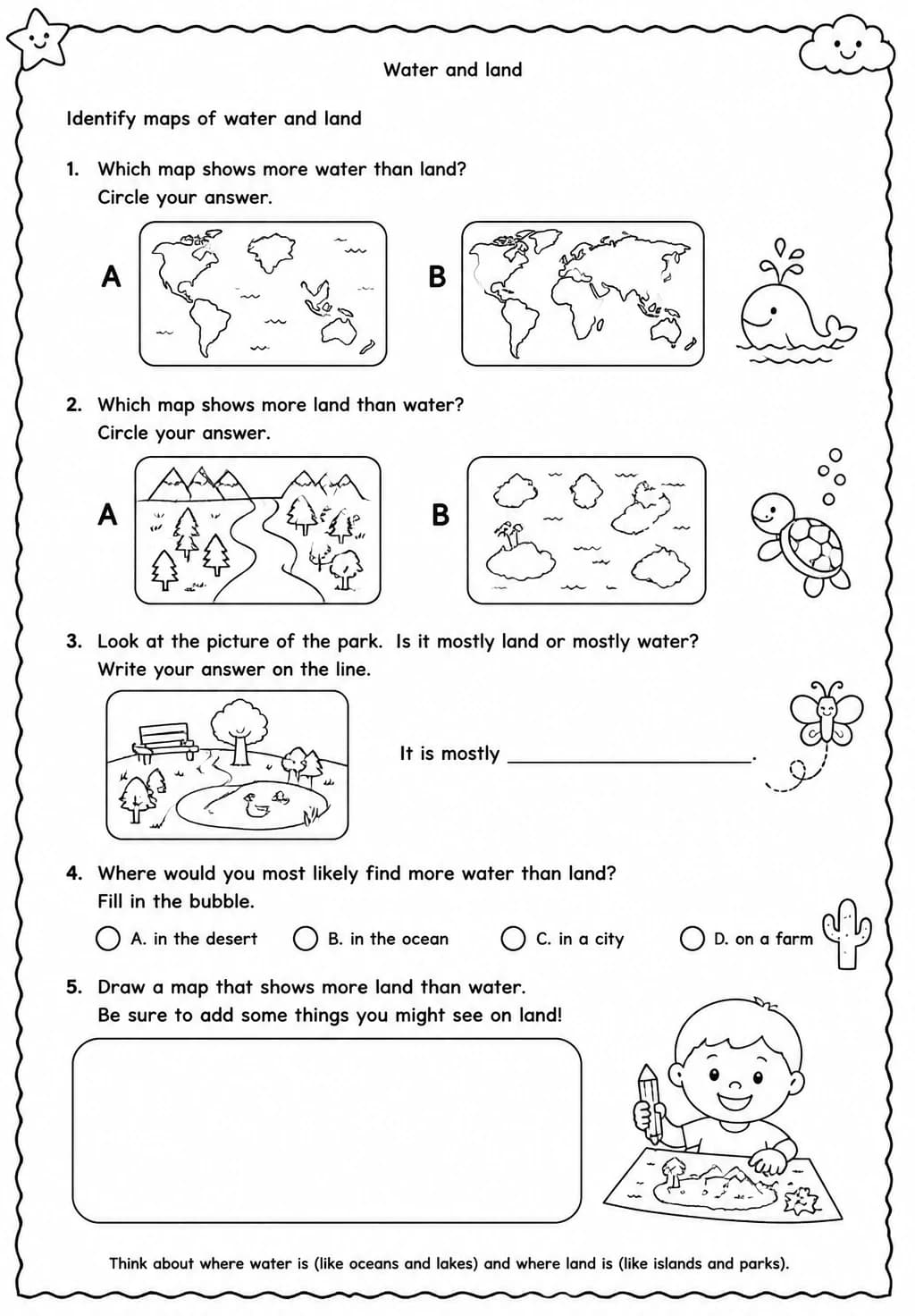 Identify maps of water and land — free printable Grade 2 Science worksheet