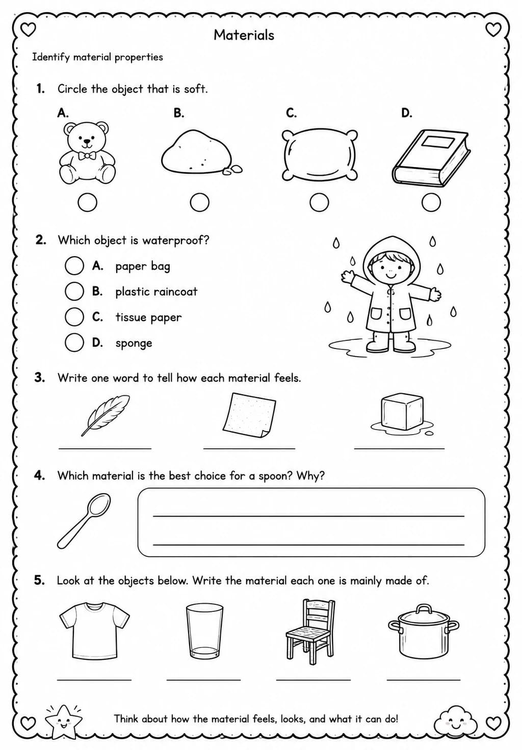 Identify material properties — free printable Grade 1 Science worksheet