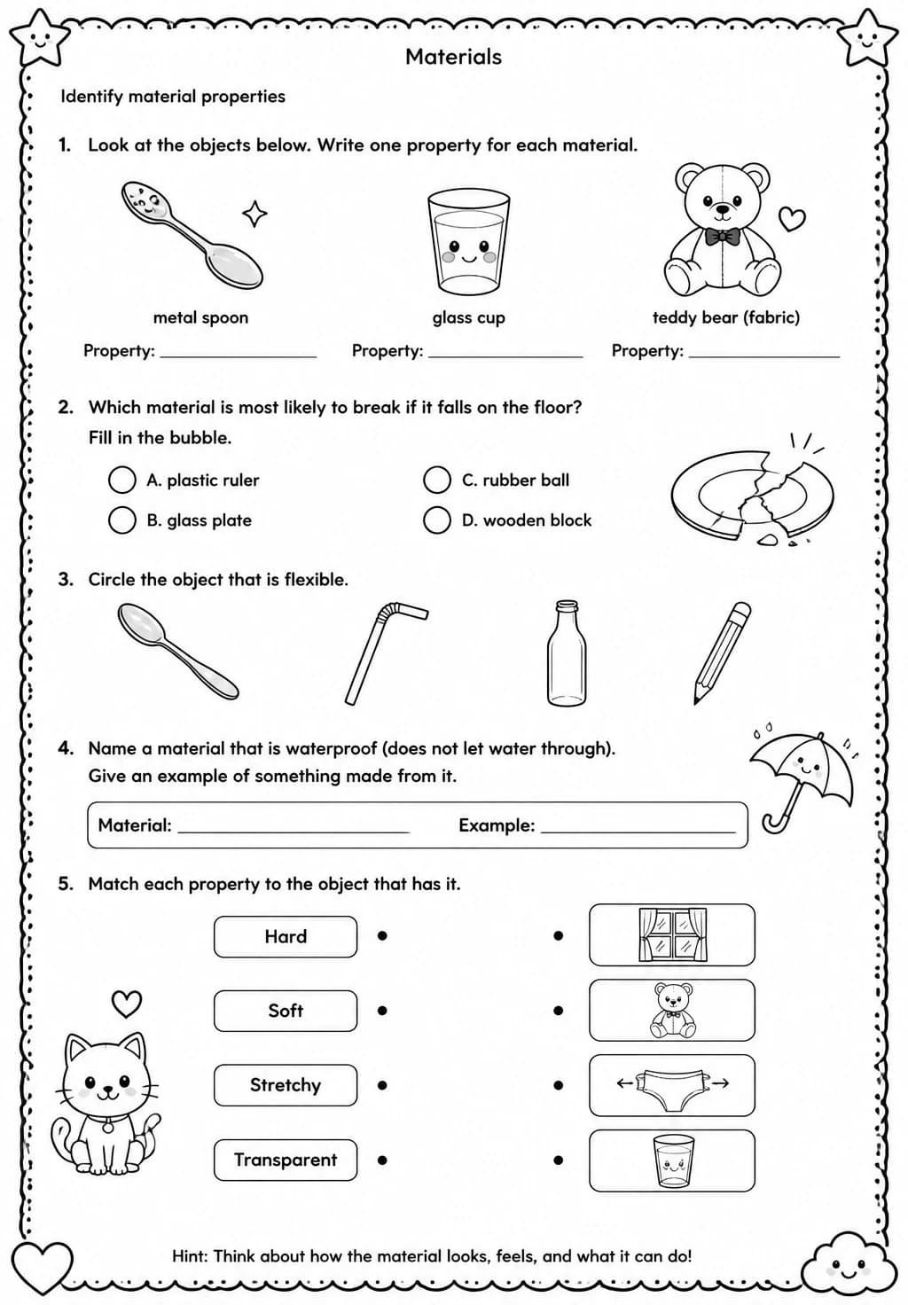 Identify material properties — free printable Grade 2 Science worksheet