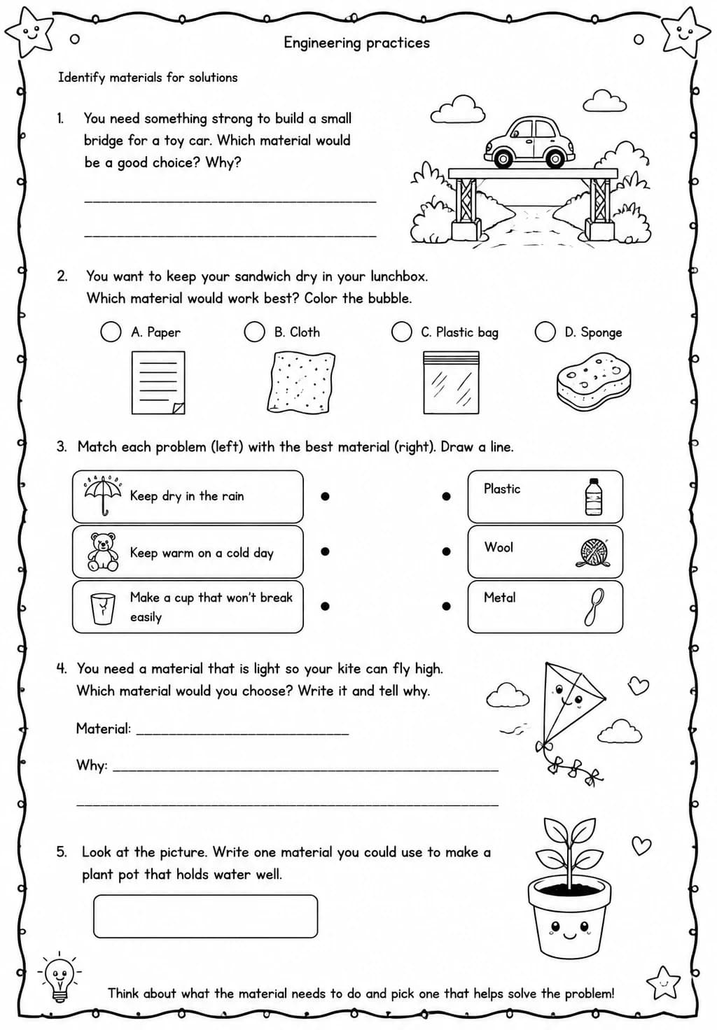 Identify materials for solutions — free printable Grade 2 Science worksheet