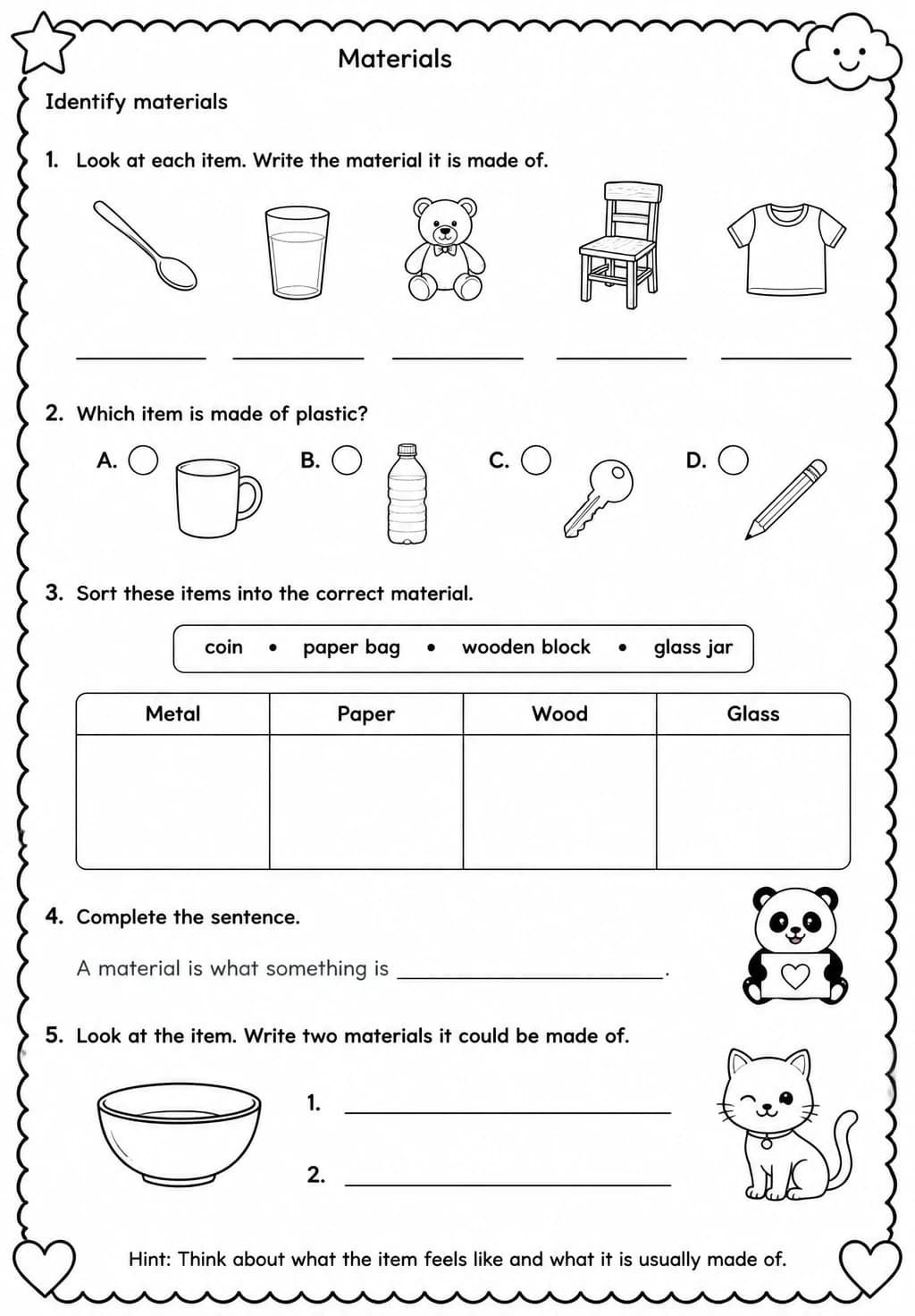 Identify materials — free printable Grade 2 Science worksheet