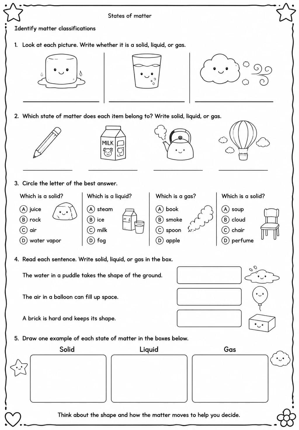 Identify matter classifications — free printable Grade 2 Science worksheet