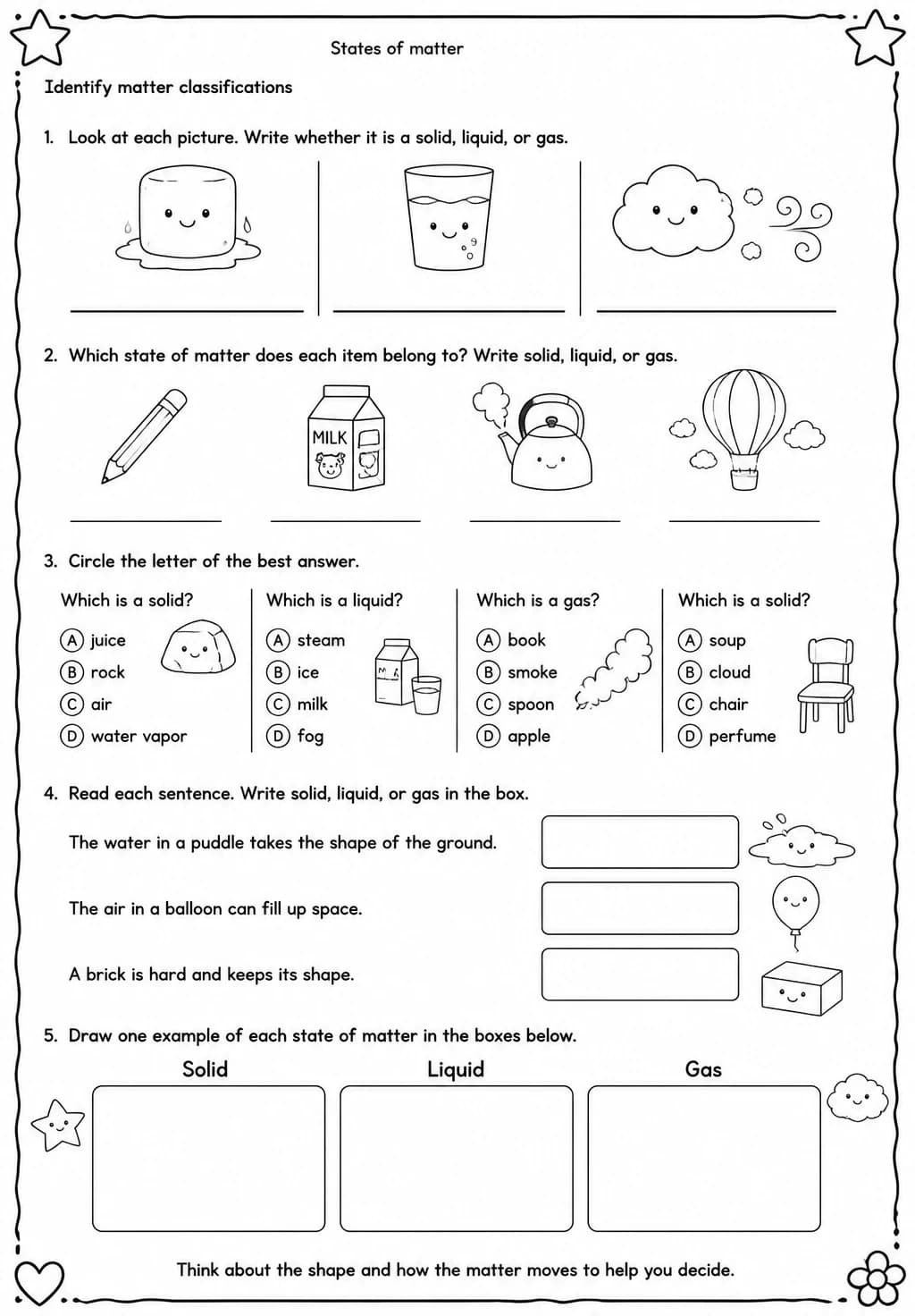 Identify matter classifications — free printable Grade 2 Science worksheet