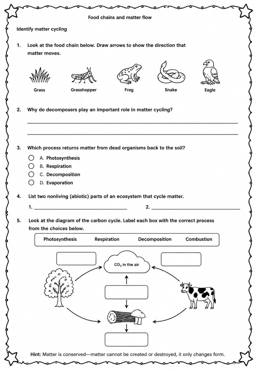Identify matter cycling — free printable Grade 5 Science worksheet