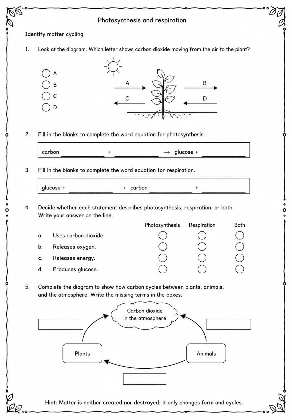 Identify matter cycling — free printable Middle School Science worksheet
