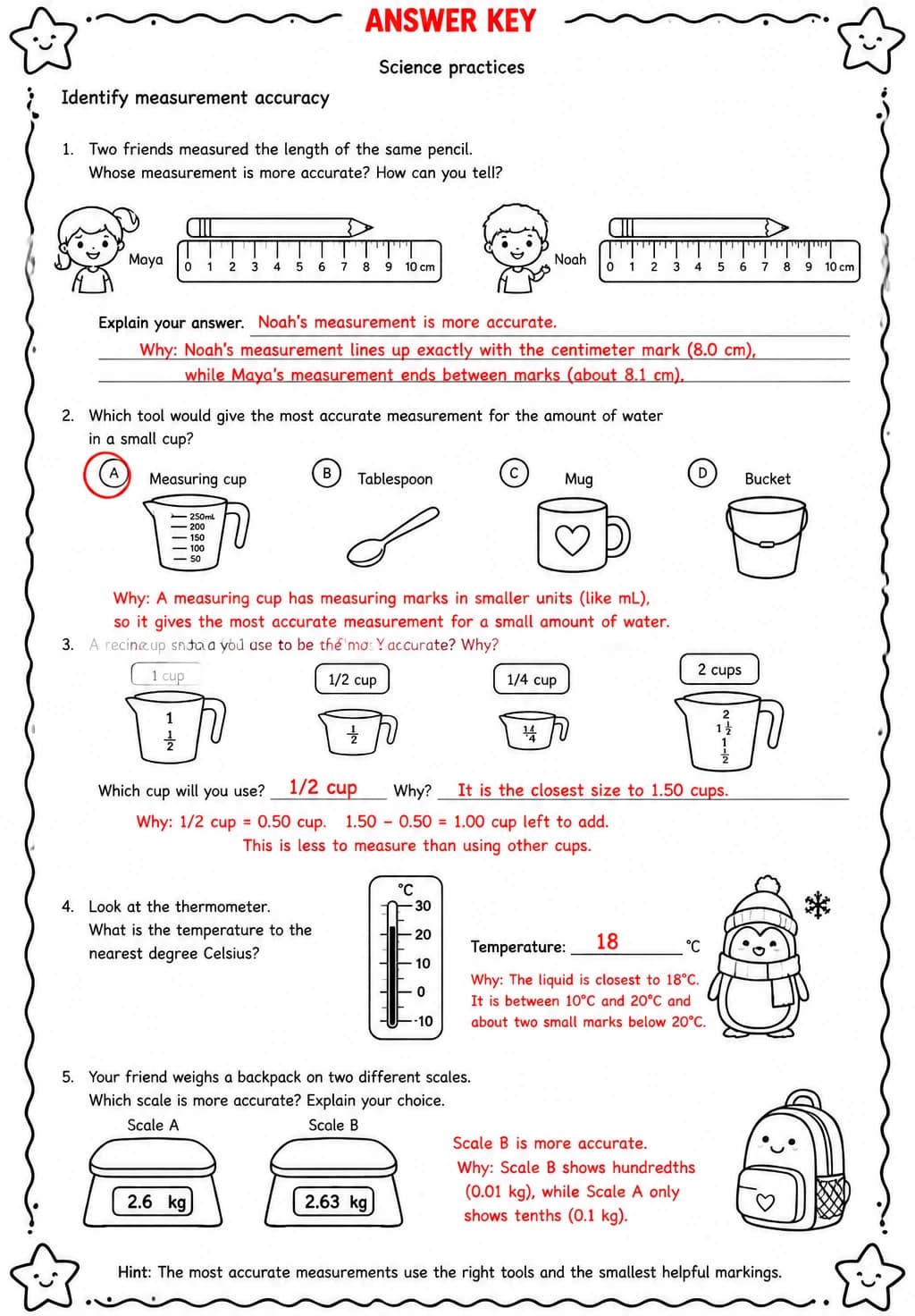 Answer key for Identify measurement accuracy — free printable Science worksheet