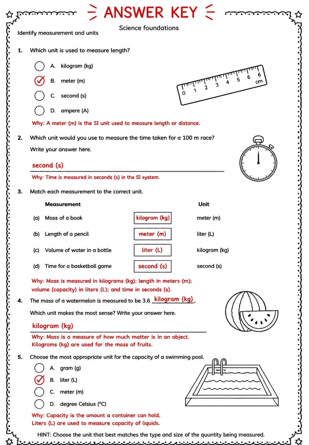 Answer key for Identify measurement and units — free printable Science worksheet
