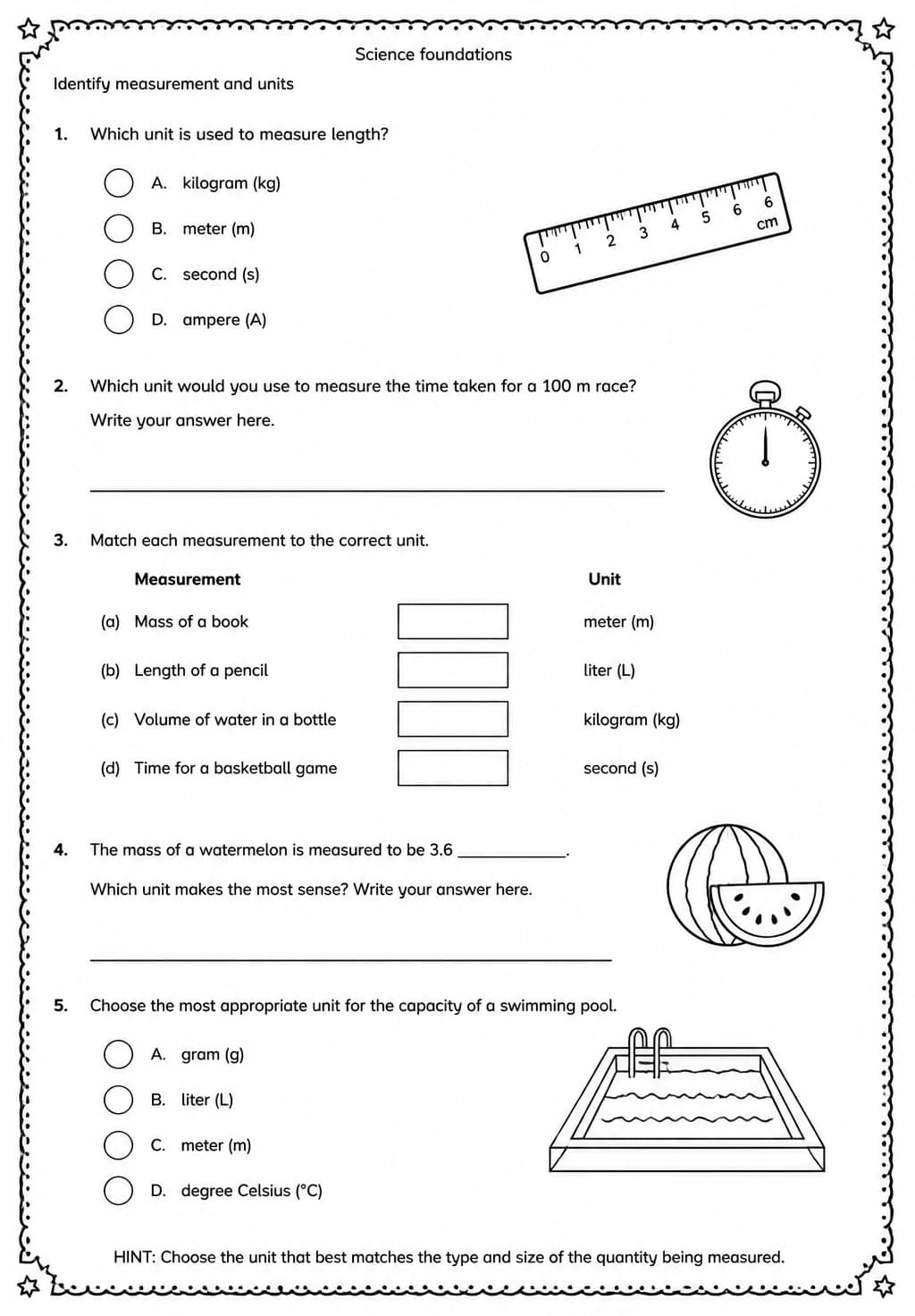 Identify measurement and units — free printable High School Science worksheet
