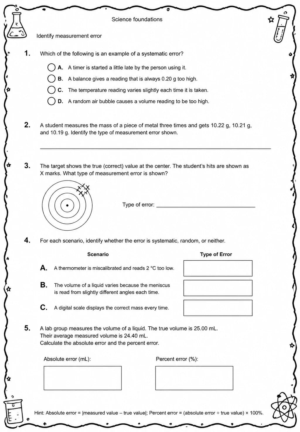 Identify measurement error — free printable High School Science worksheet