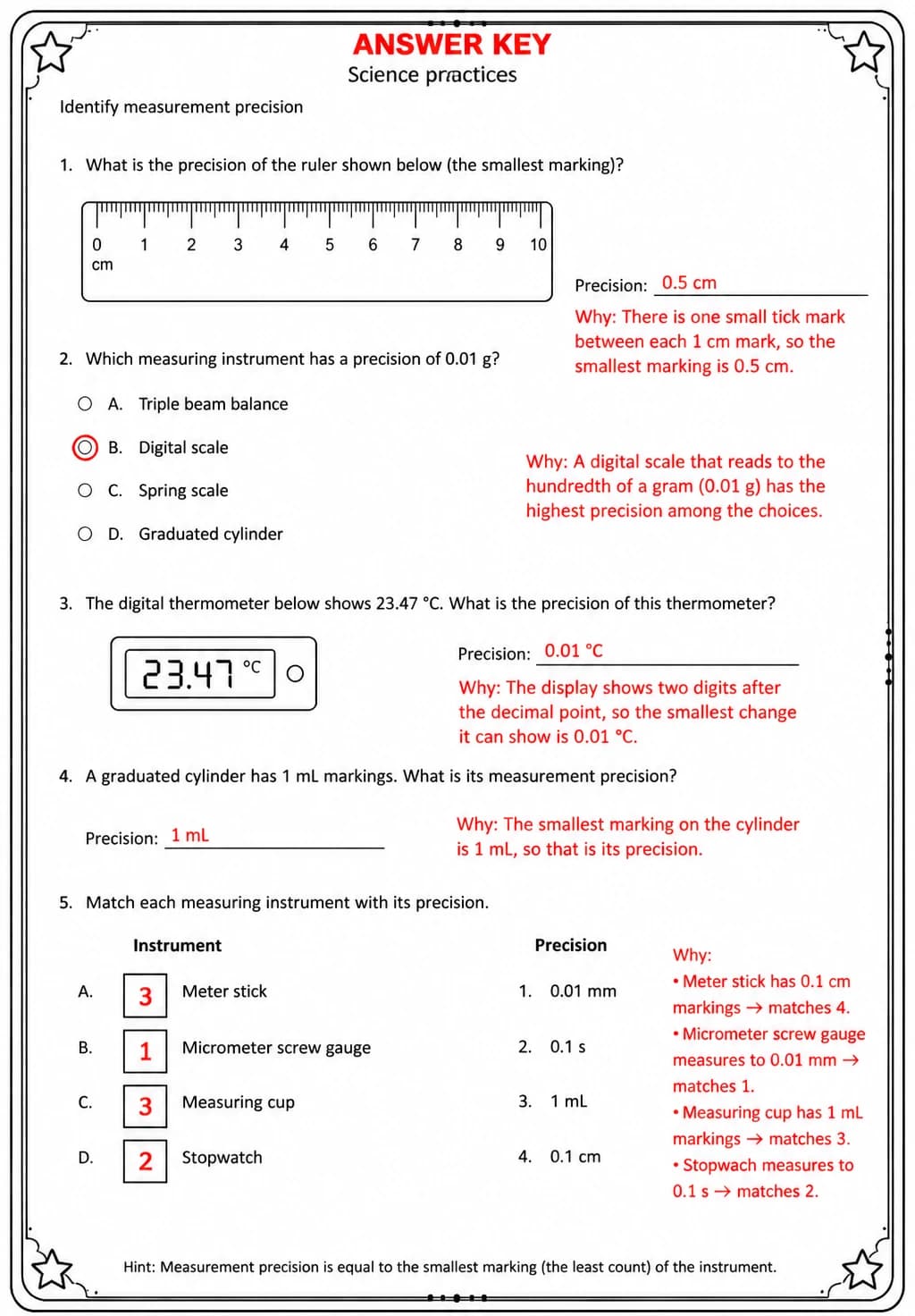 Answer key for Identify measurement precision — free printable Science worksheet