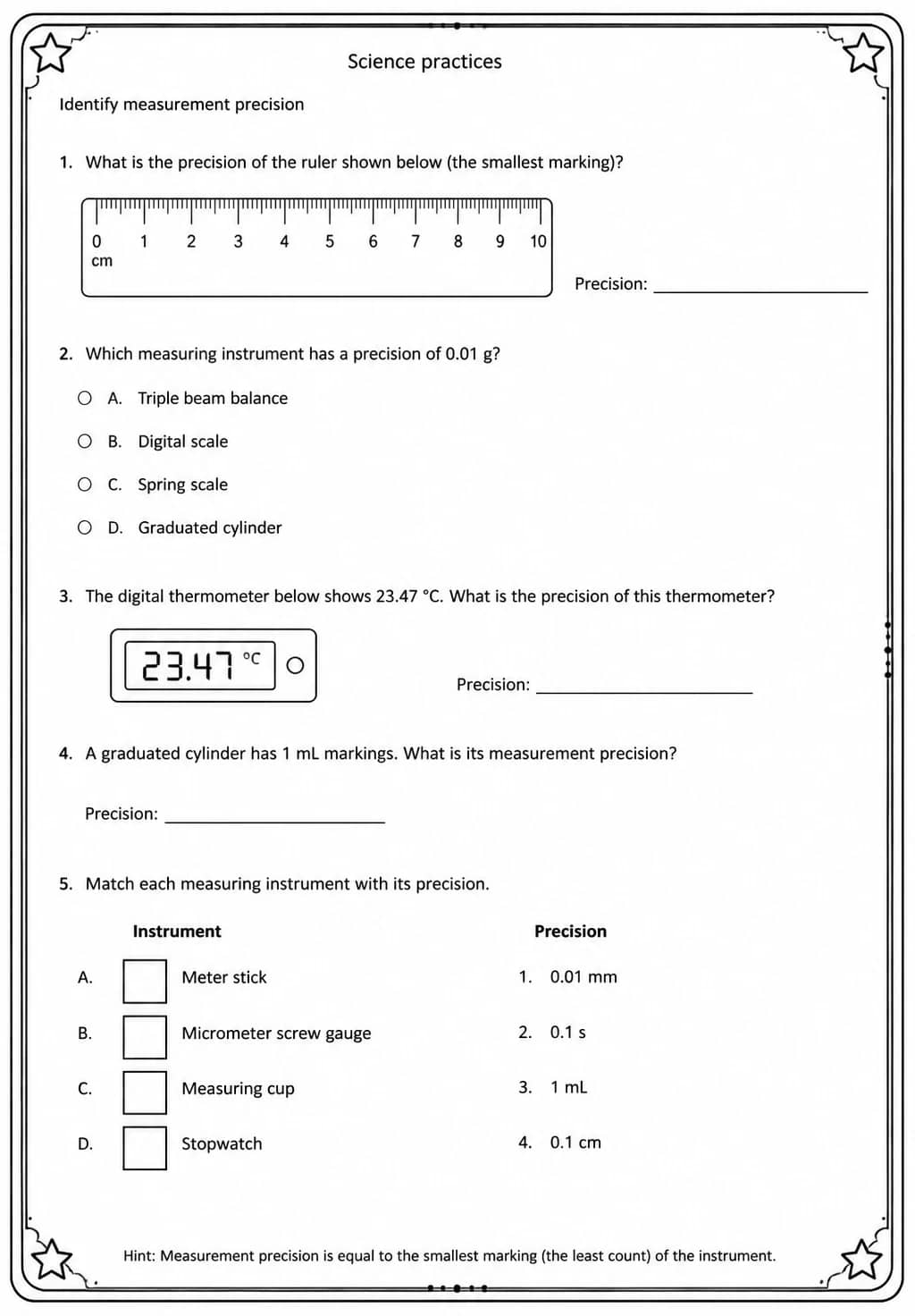 Identify measurement precision — free printable Middle School Science worksheet