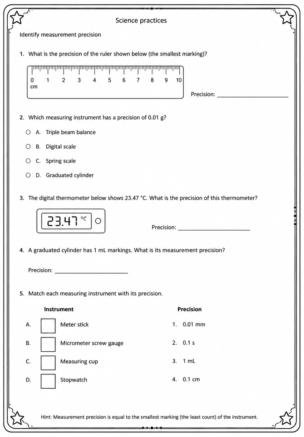 Identify measurement precision — free printable Middle School Science worksheet
