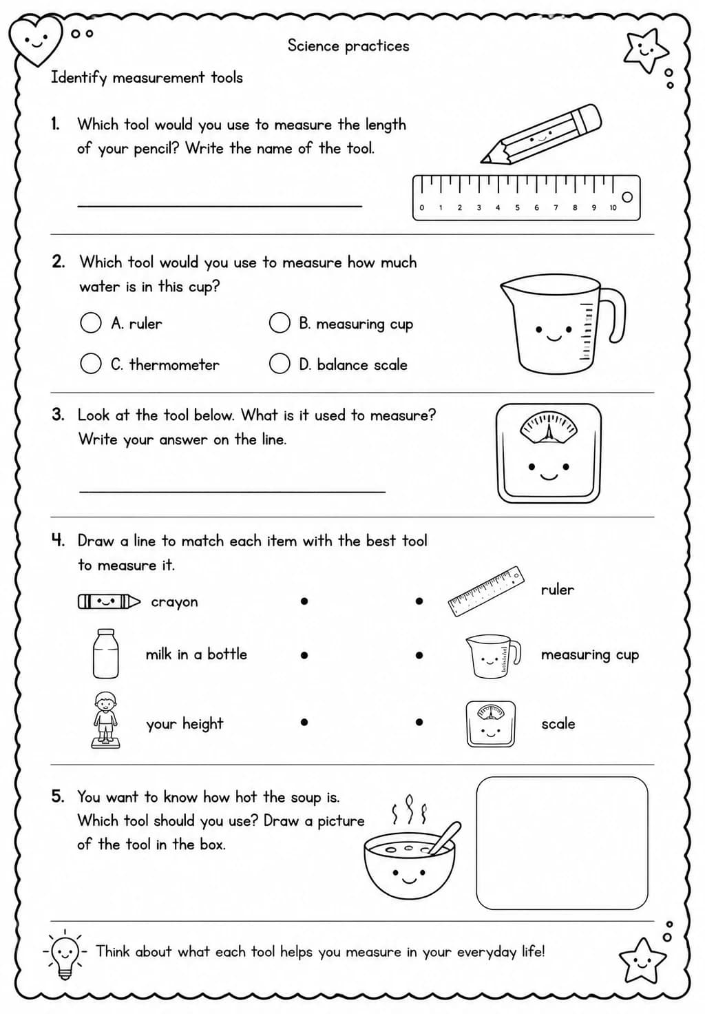 Identify measurement tools — free printable Grade 3 Science worksheet