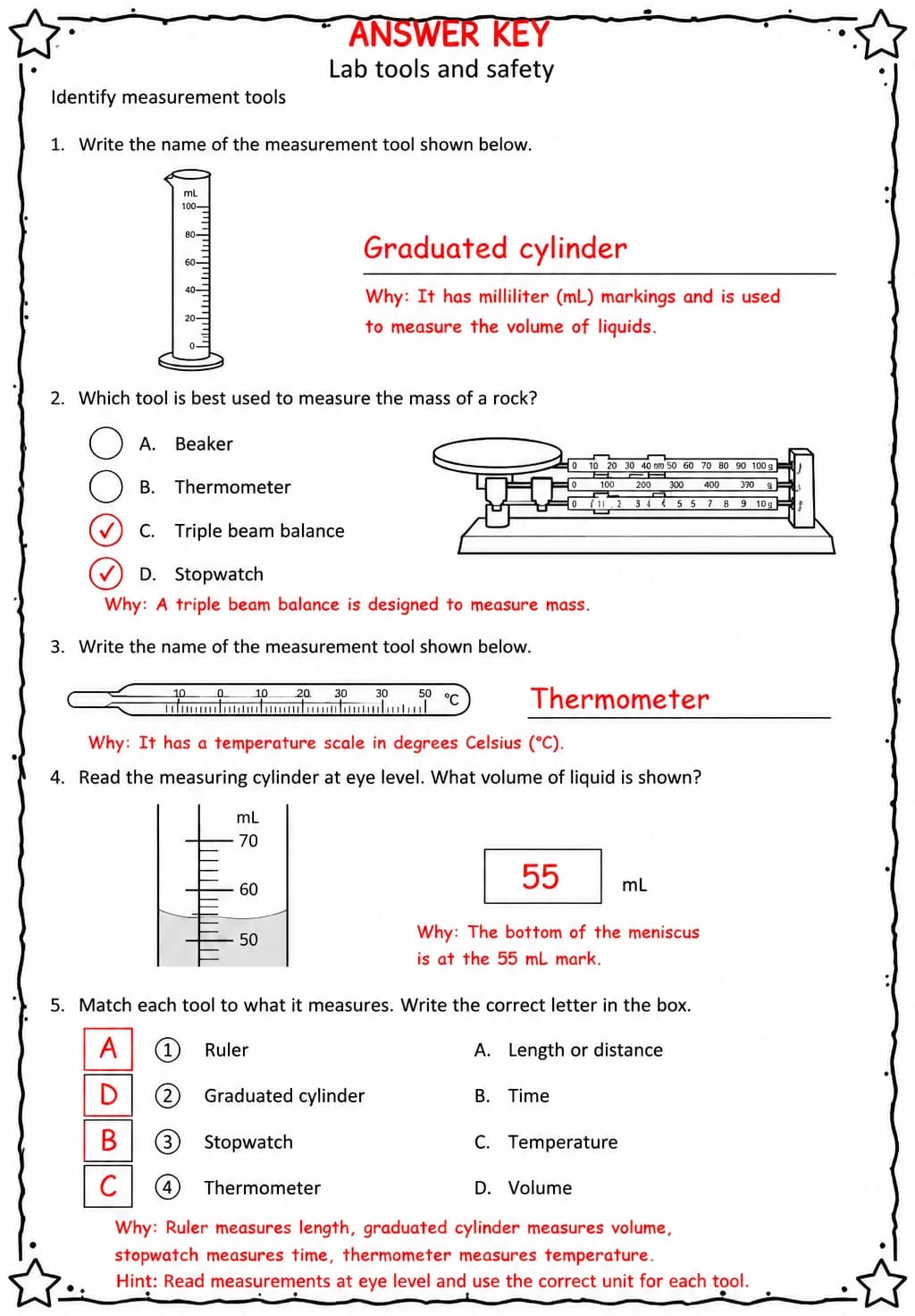 Answer key for Identify measurement tools — free printable Science worksheet