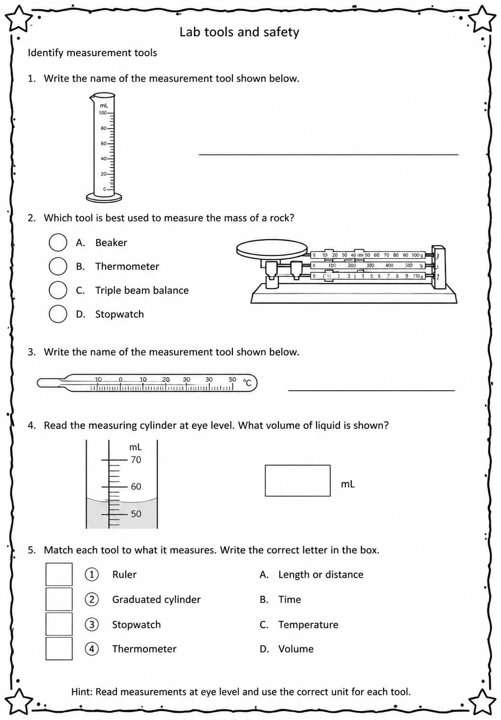 Identify measurement tools — free printable Middle School Science worksheet