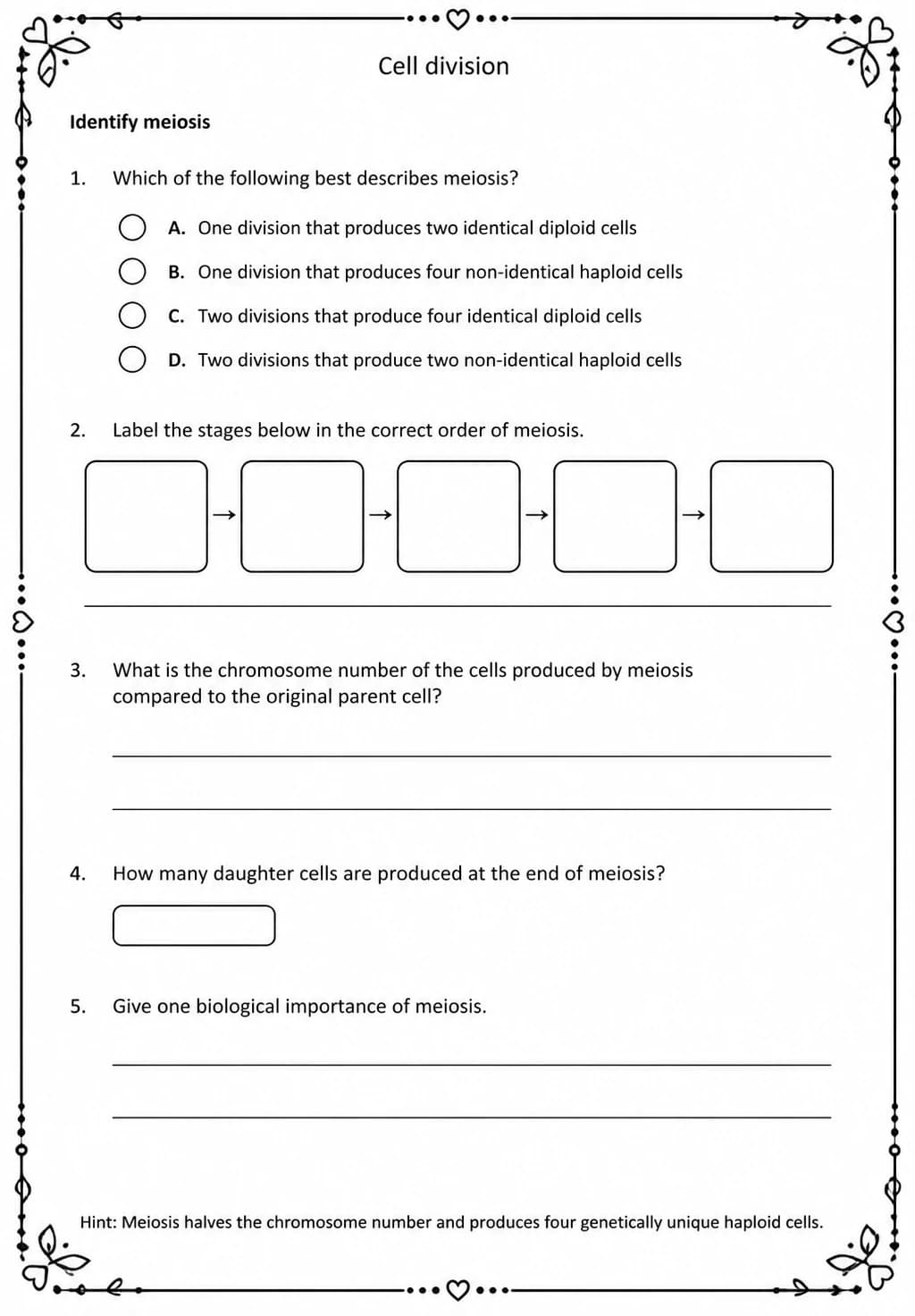Identify meiosis — free printable High School Science worksheet