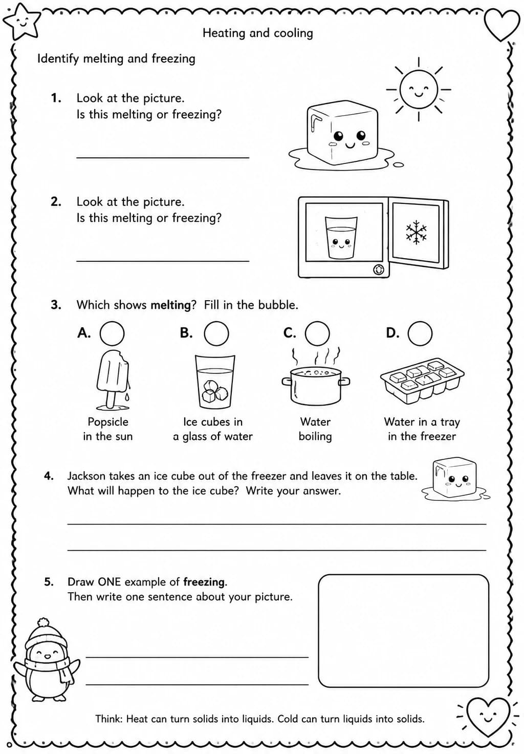 Identify melting and freezing — free printable Grade 1 Science worksheet