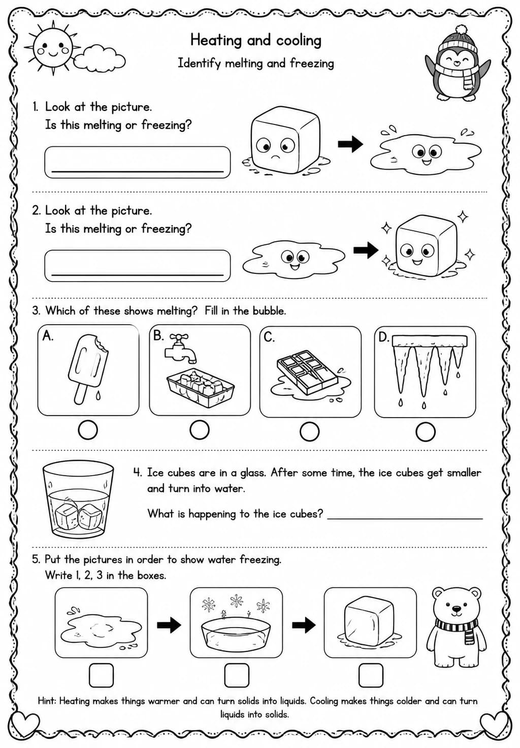 Identify melting and freezing — free printable Grade 2 Science worksheet