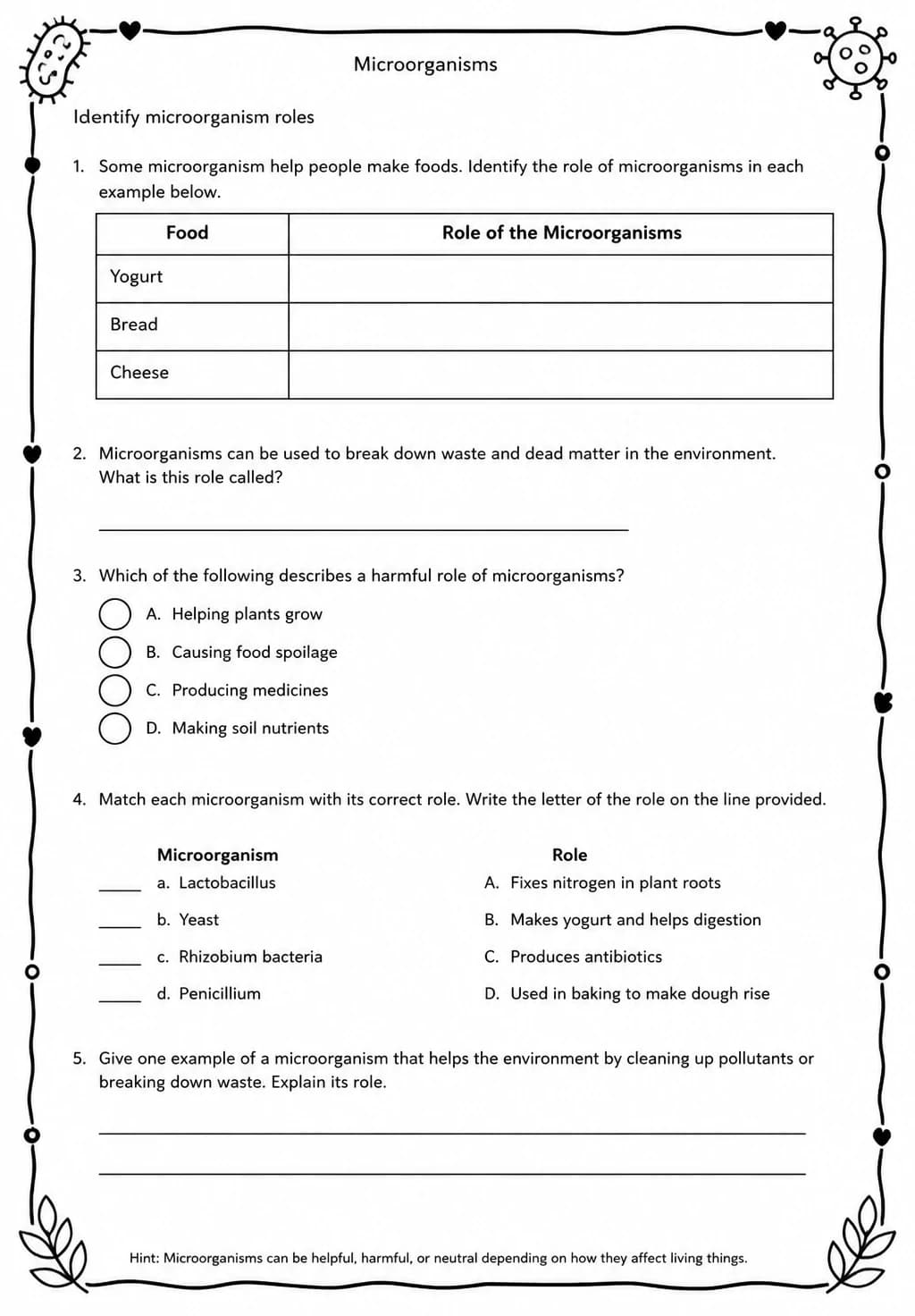 Identify microorganism roles — free printable Middle School Science worksheet
