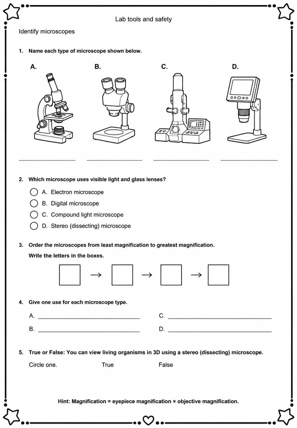 Identify microscopes — free printable Middle School Science worksheet