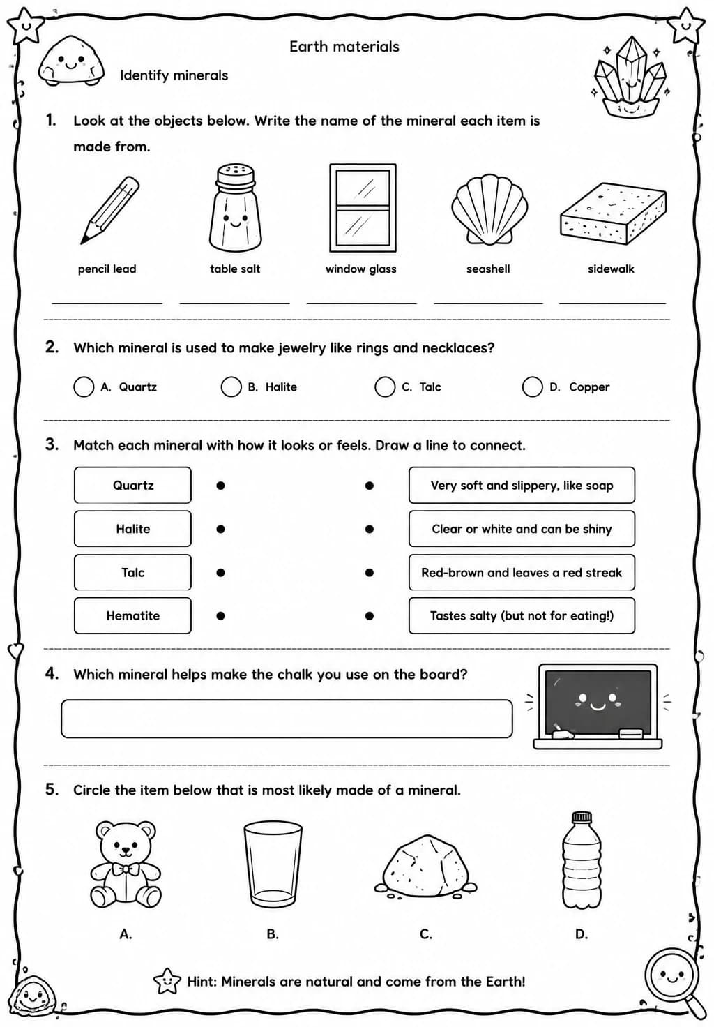 Identify minerals — free printable Grade 3 Science worksheet