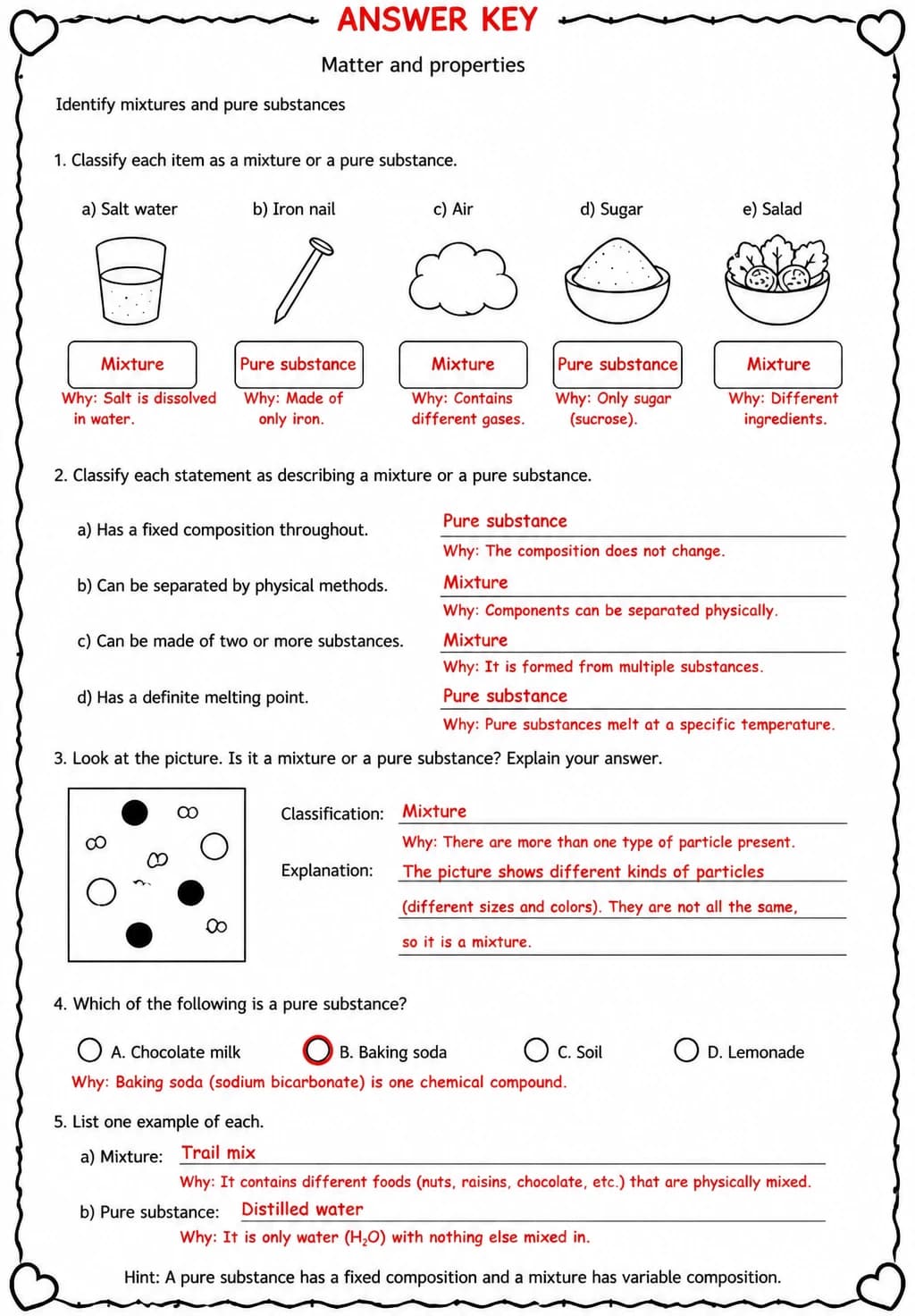 Answer key for Identify mixtures and pure substances — free printable Science worksheet