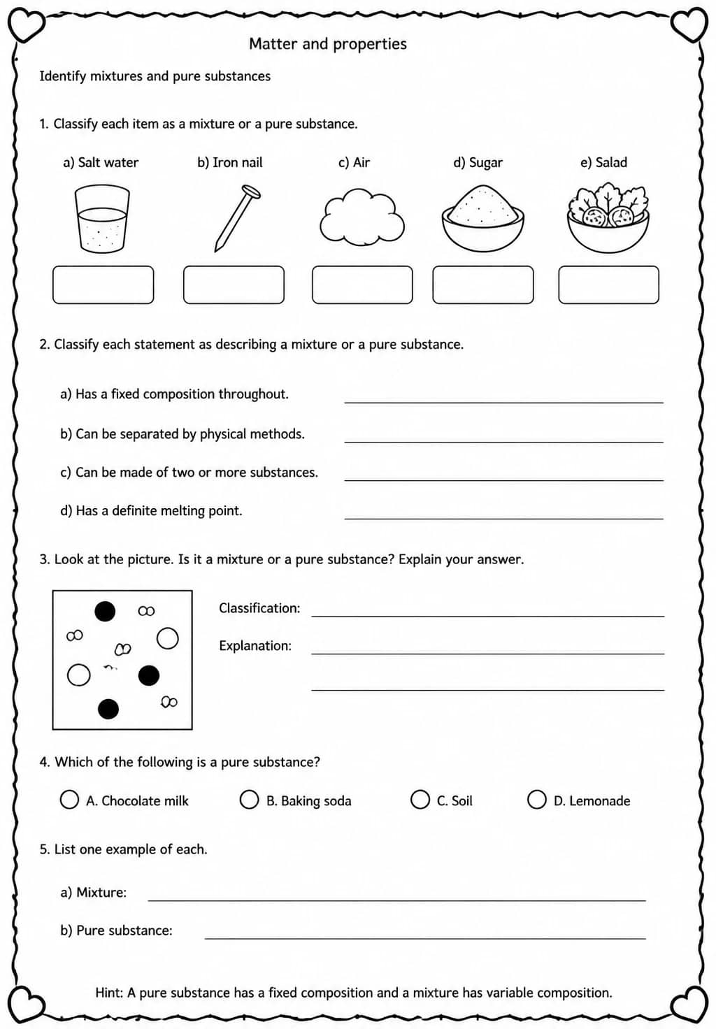Identify mixtures and pure substances — free printable High School Science worksheet