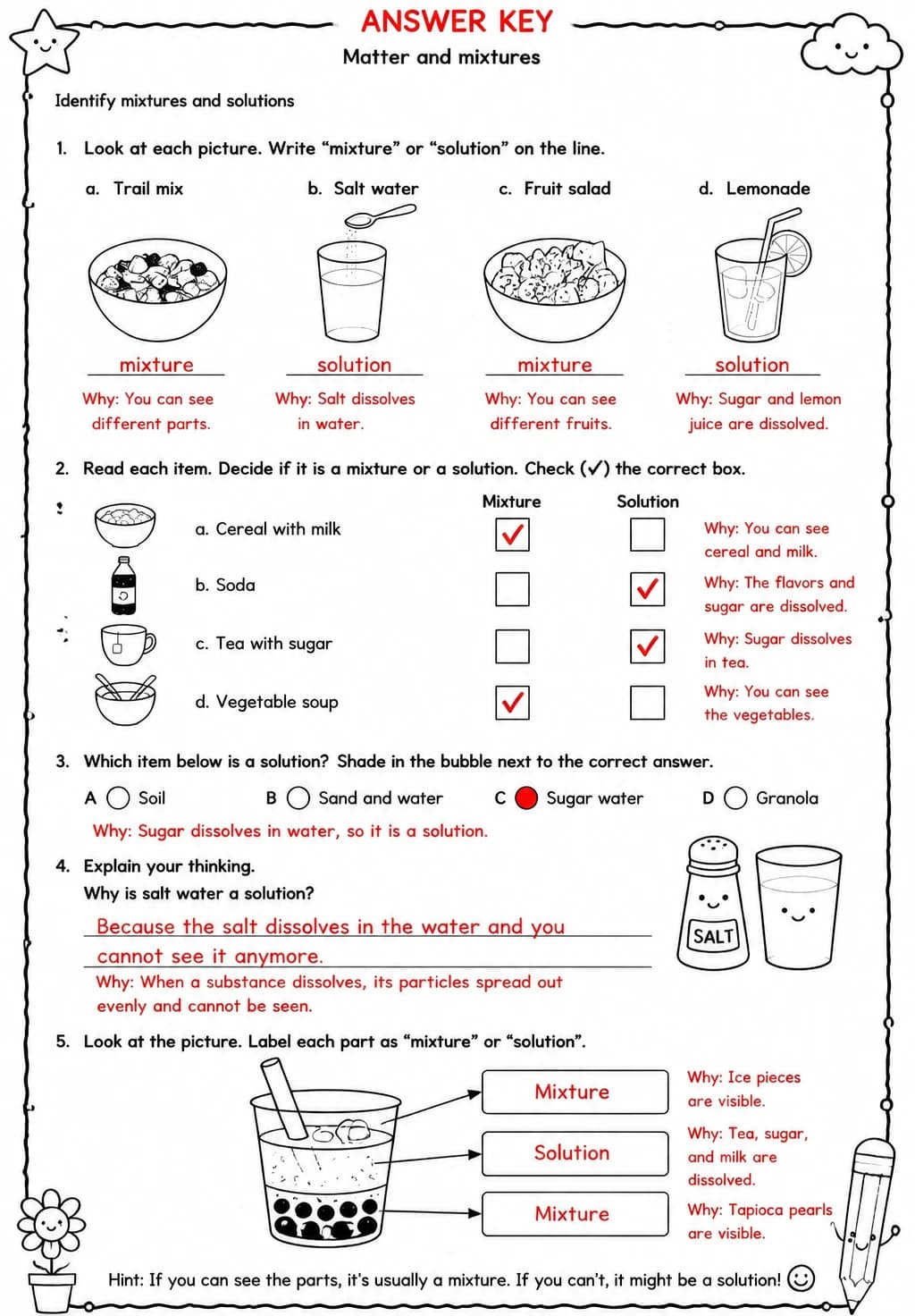 Answer key for Identify mixtures and solutions — free printable Science worksheet