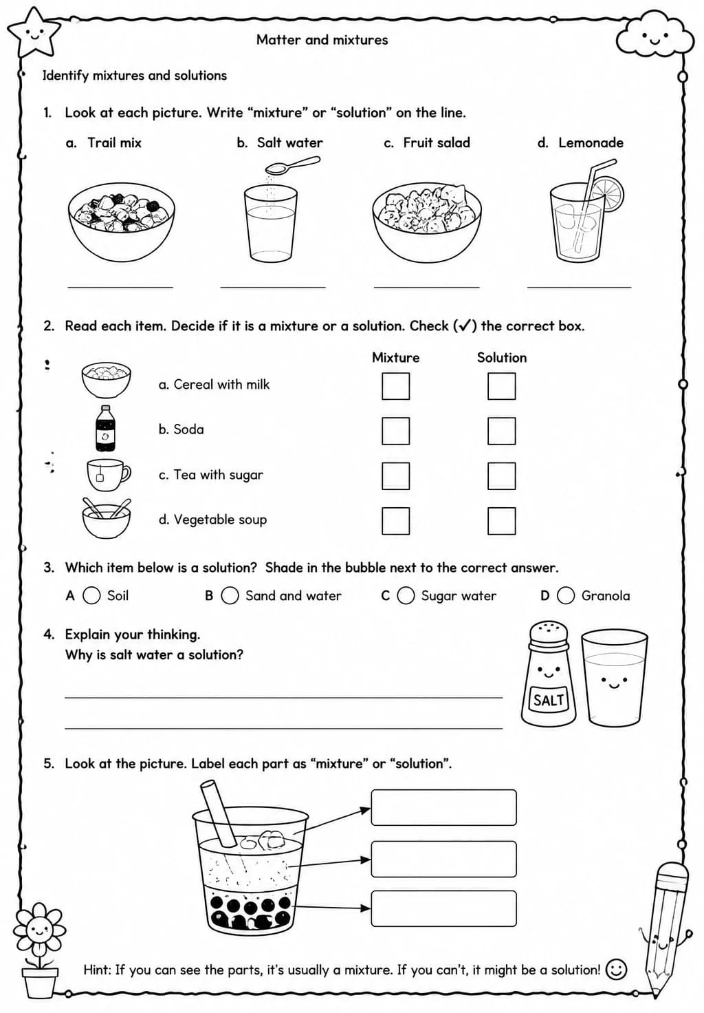 Identify mixtures and solutions — free printable Grade 4 Science worksheet