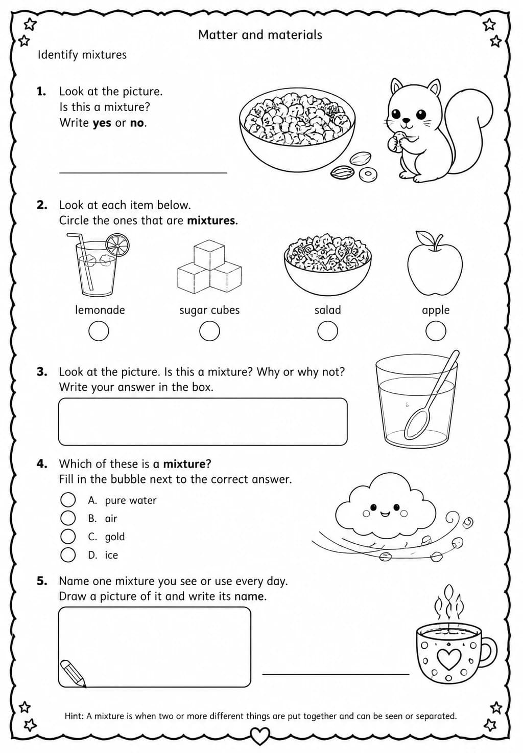 Identify mixtures — free printable Grade 3 Science worksheet