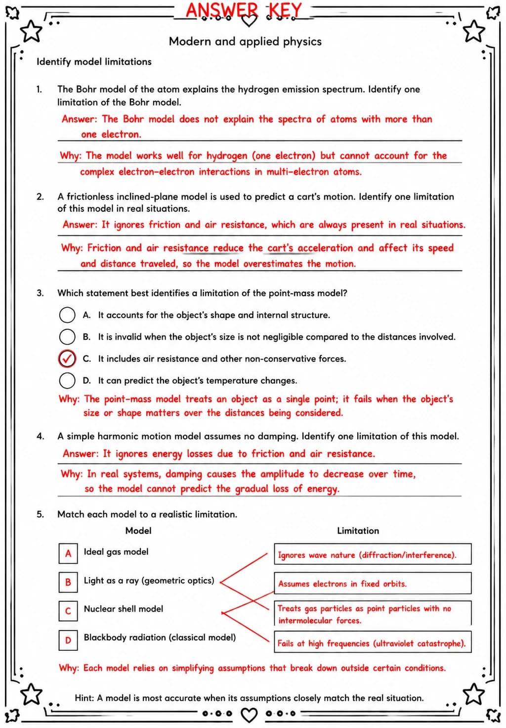 Answer key for Identify model limitations — free printable Science worksheet