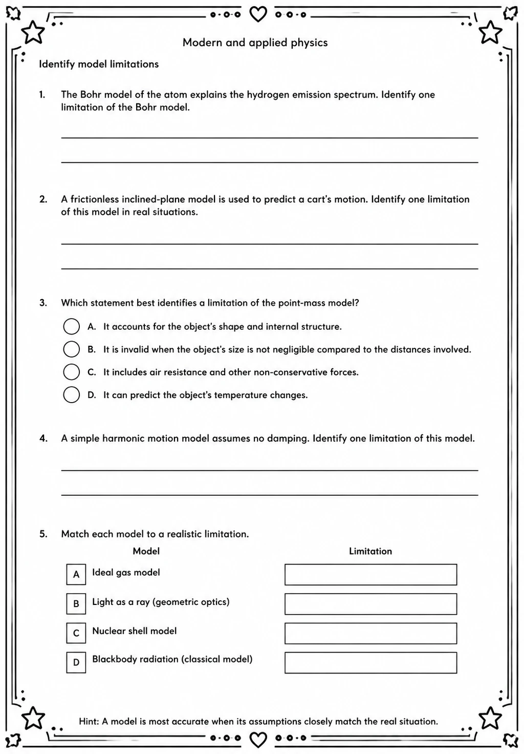 Identify model limitations — free printable High School Science worksheet