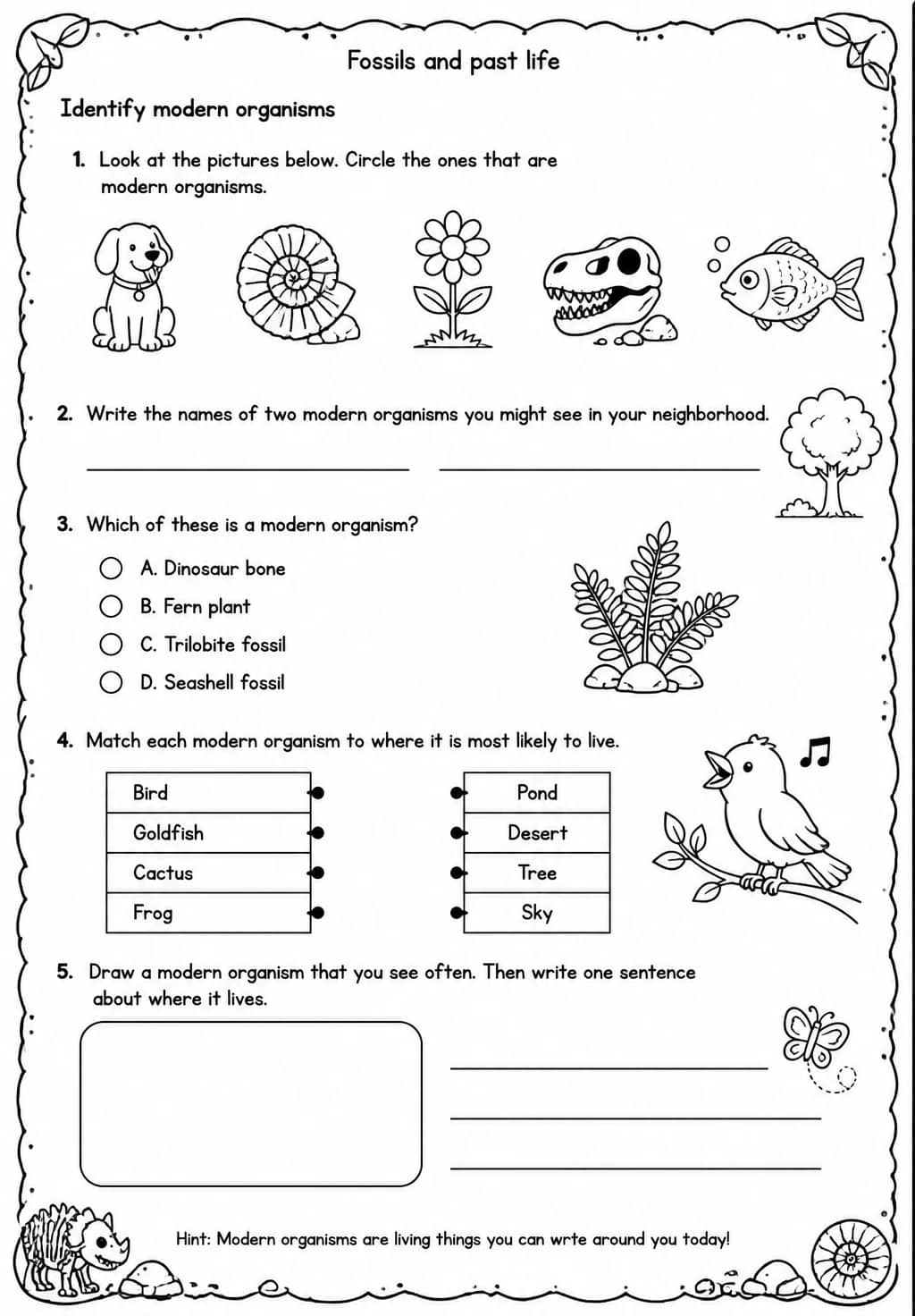 Identify modern organisms — free printable Grade 3 Science worksheet
