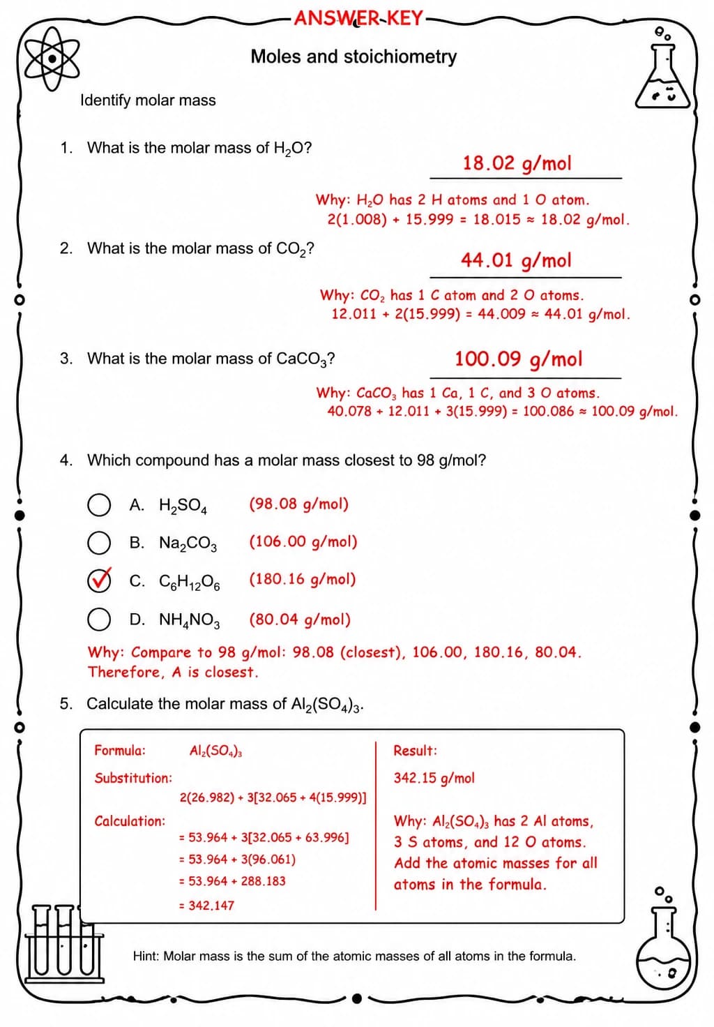 Answer key for Identify molar mass — free printable Science worksheet