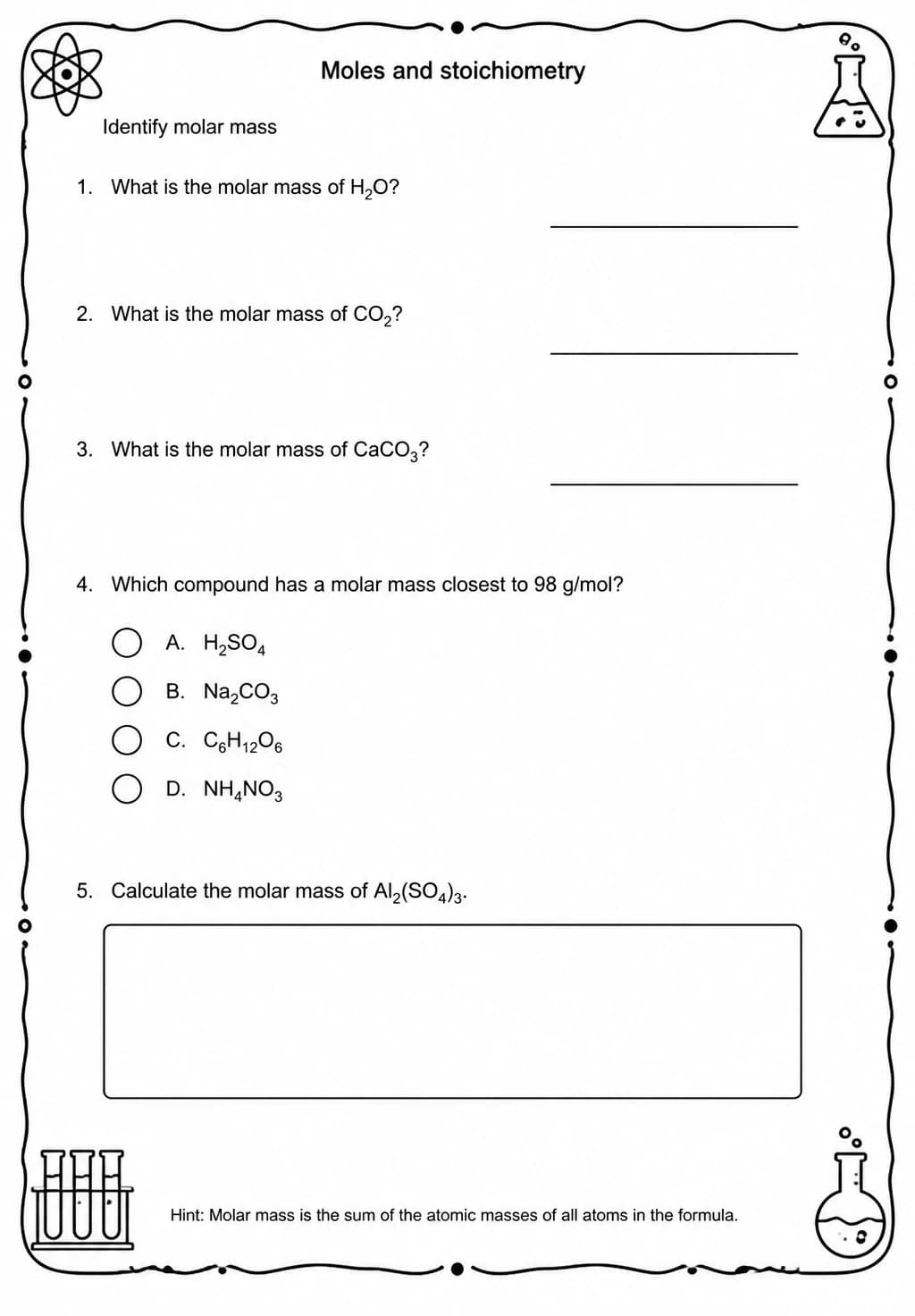 Identify molar mass — free printable High School Science worksheet
