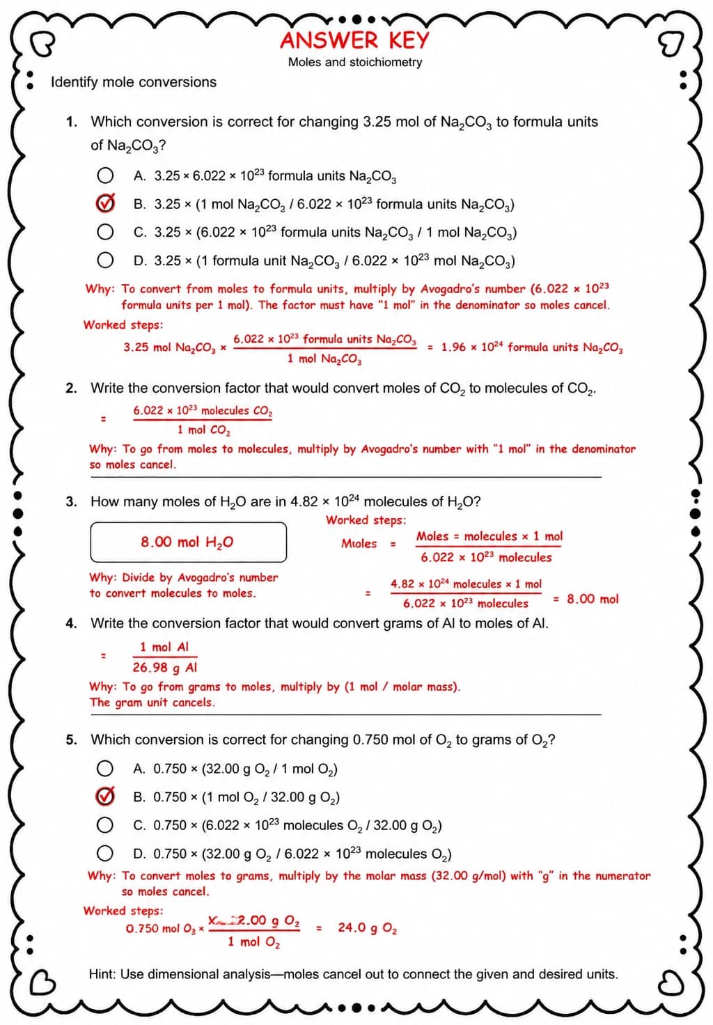 Answer key for Identify mole conversions — free printable Science worksheet