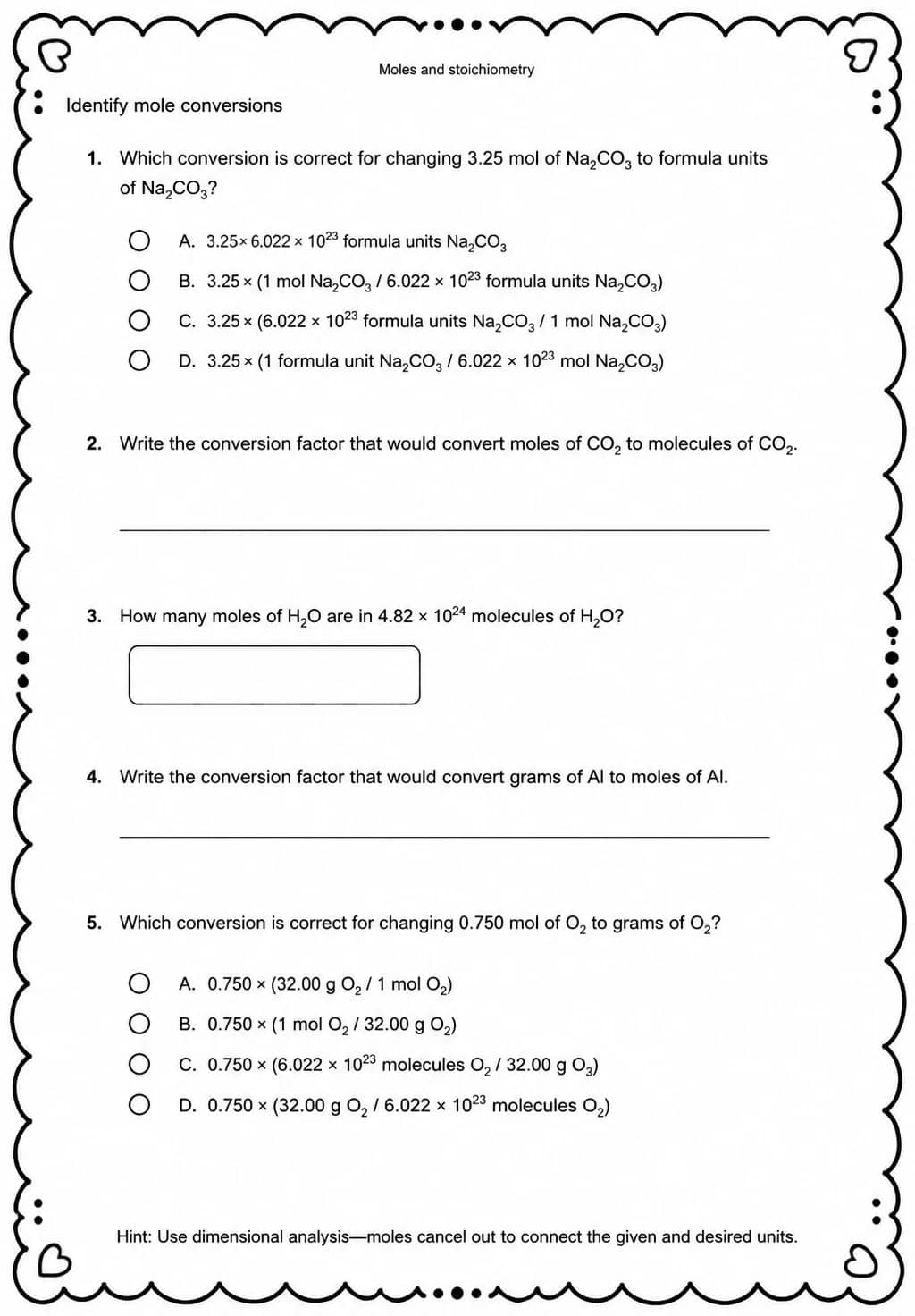 Identify mole conversions — free printable High School Science worksheet