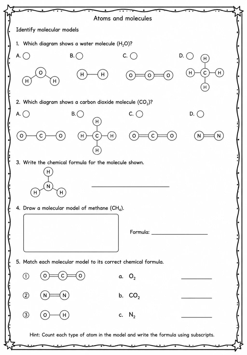 Identify molecular models — free printable Middle School Science worksheet