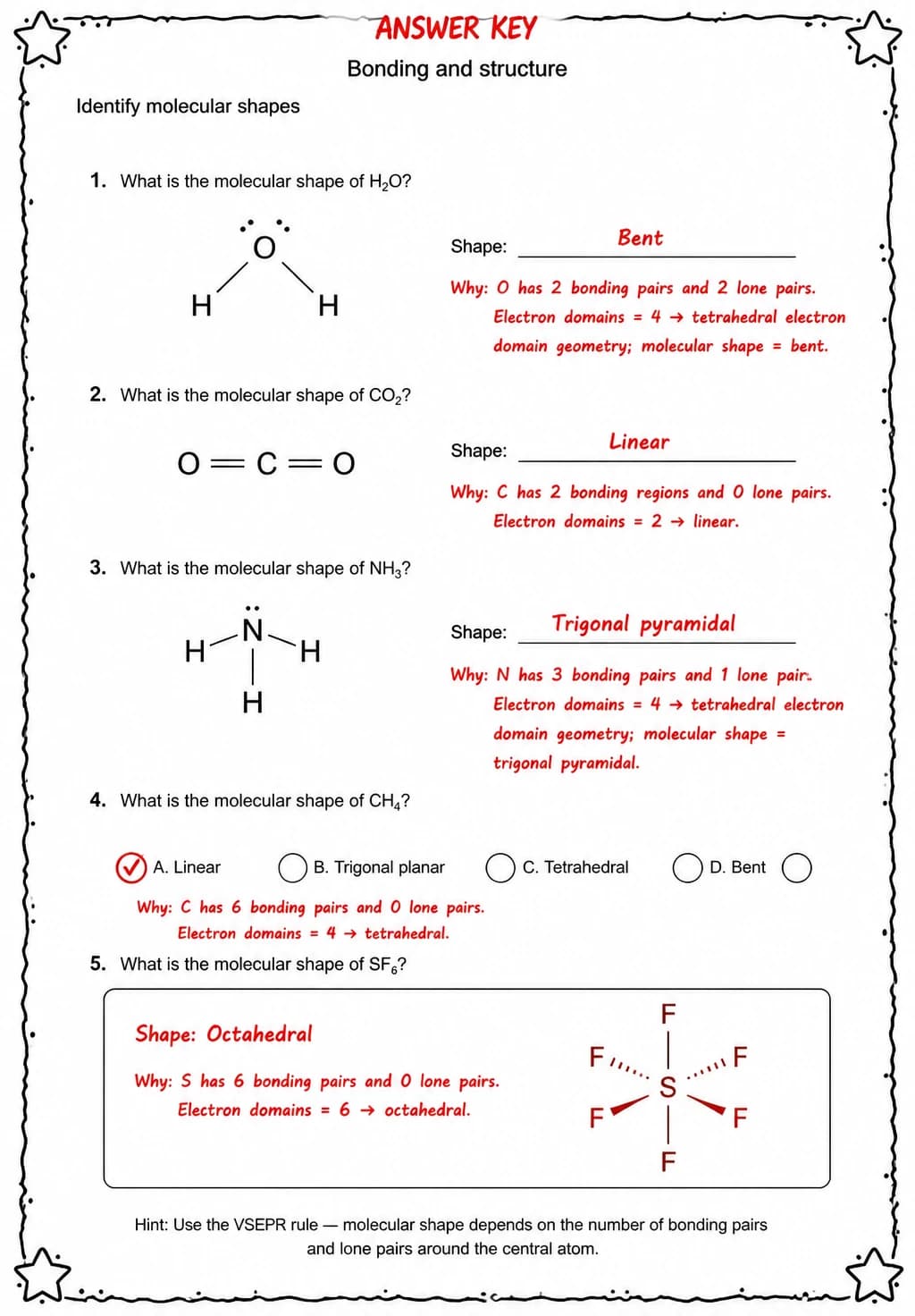 Answer key for Identify molecular shapes — free printable Science worksheet