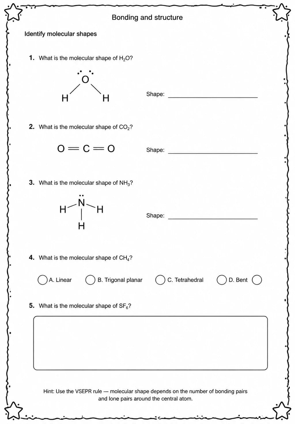 Identify molecular shapes — free printable High School Science worksheet