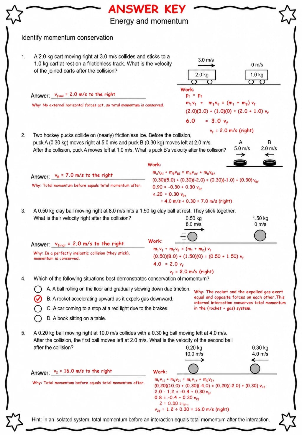 Answer key for Identify momentum conservation — free printable Science worksheet