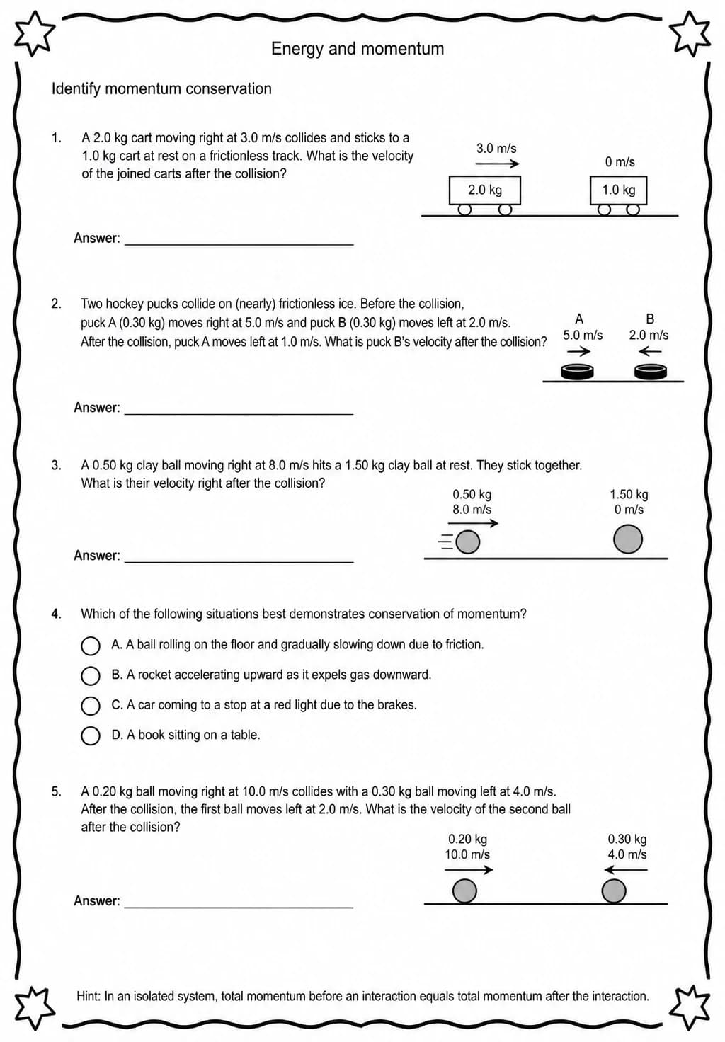 Identify momentum conservation — free printable High School Science worksheet