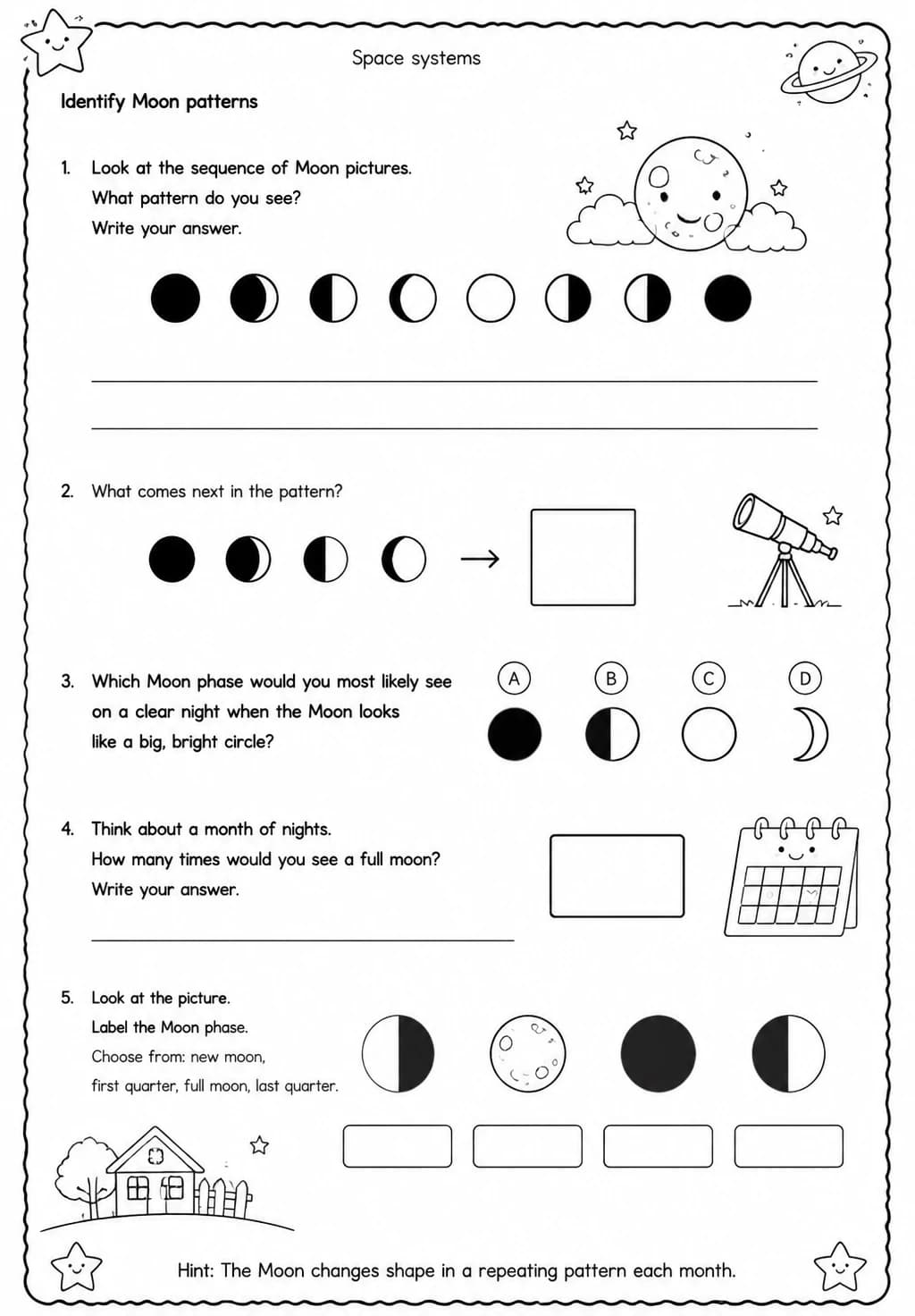 Identify Moon patterns — free printable Grade 3 Science worksheet