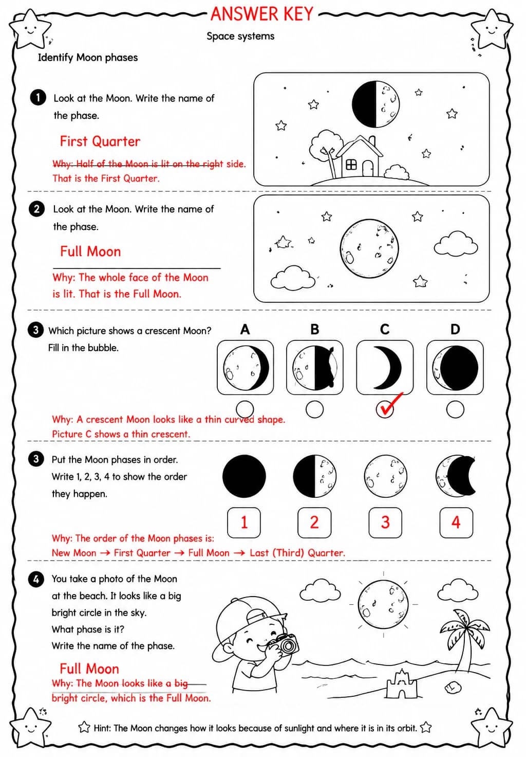 Answer key for Identify Moon phases — free printable Science worksheet