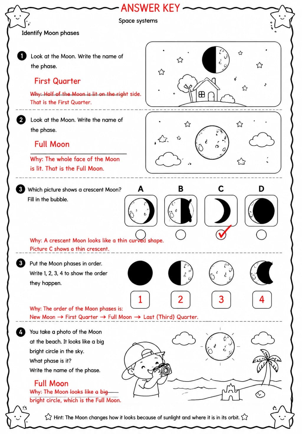 Answer key for Identify Moon phases — free printable Science worksheet