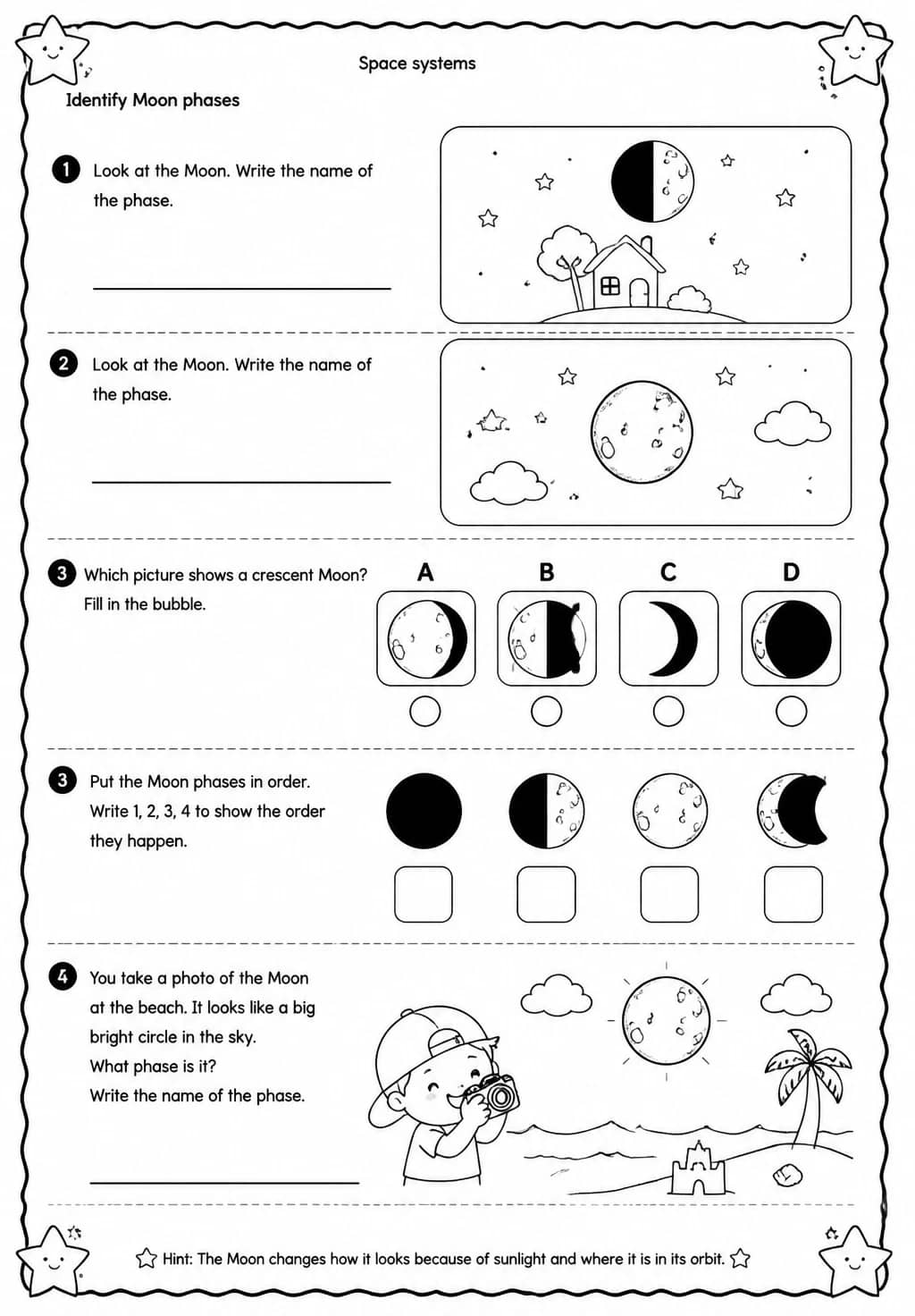 Identify Moon phases — free printable Grade 4 Science worksheet